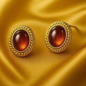 Croft & Barrow Amber Cabochon Stud Earrings – Gold Twist Border - Chic Jewelry